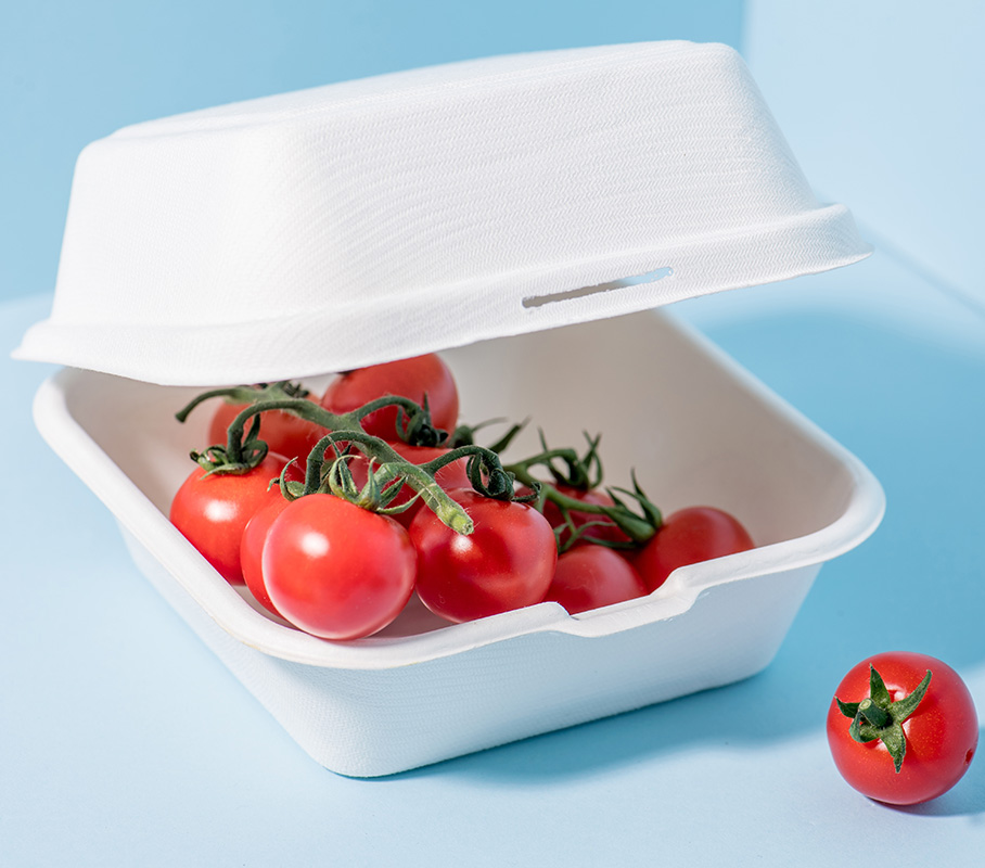 Fresh tomatoes in compostable sugarcane containers with cornstarch cutlery